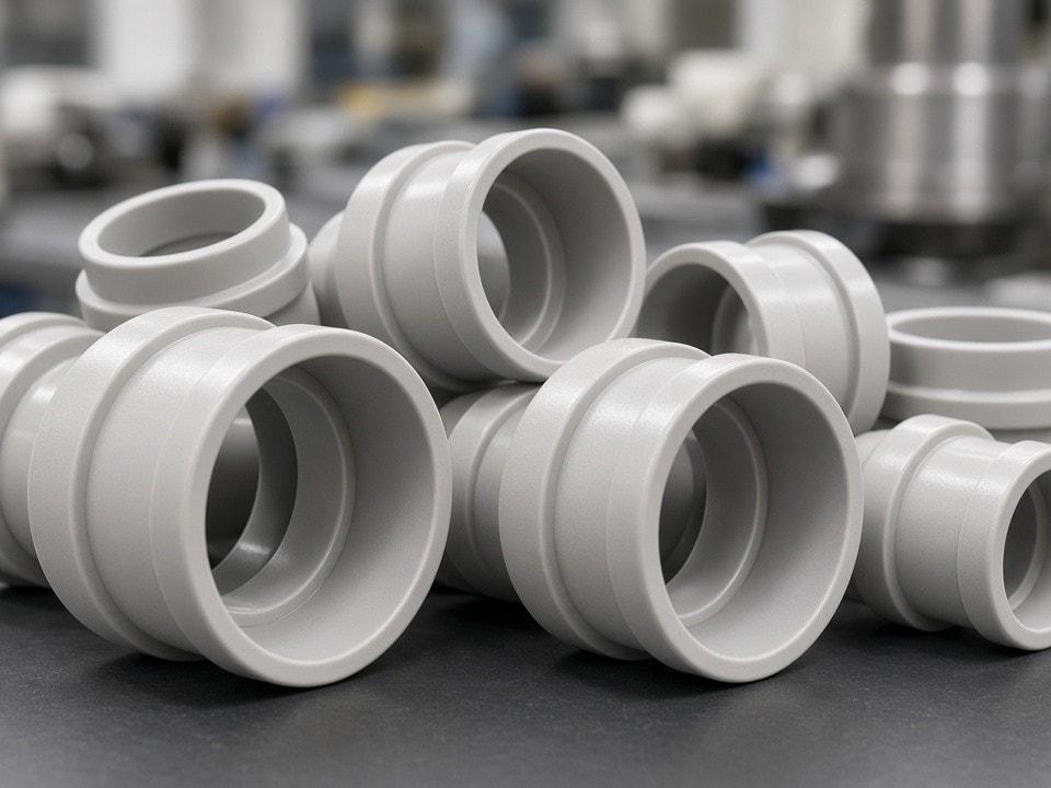 Custom plastic pipe adapter machined for industrial fluid and chemical equipment