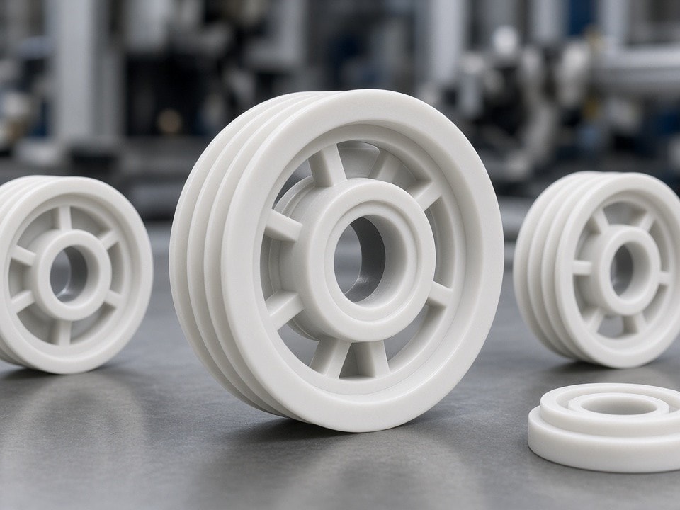 Custom plastic pulleys manufactured with V-groove, timing and idler profiles